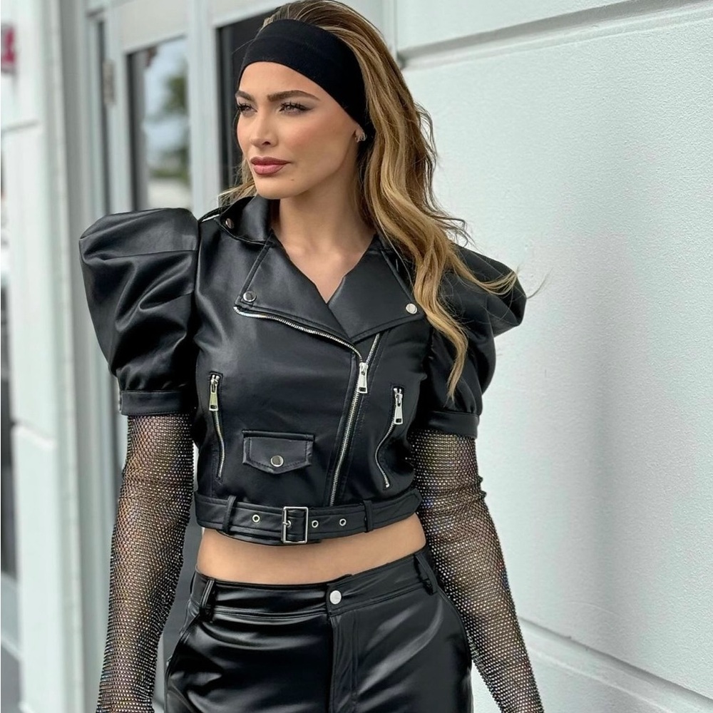 Leather jacket with rhinestone sleeves